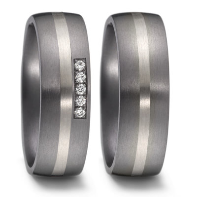 Trouwringen in donkergrijs Tantalium en palladium met diamant per paar