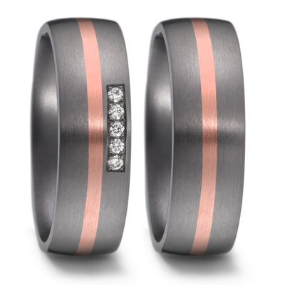 Trouwringen in donkergrijs Tantalium en roségoud met diamant per paar