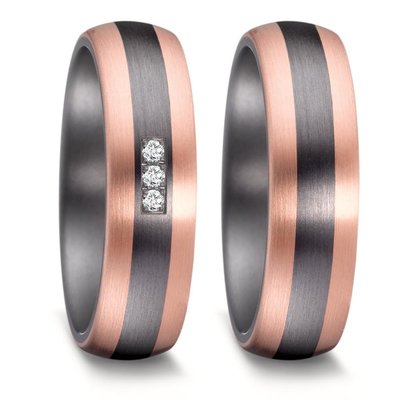 Trouwringen in donkergrijs Tantalium en roségoud met diamant per paar