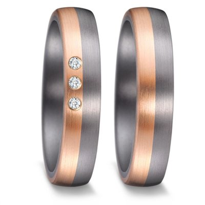 Trouwringen in donkergrijs Tantalium en roségoud met diamant per paar