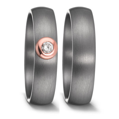 Trouwringen in donkergrijs Tantalium en roségoud met diamant per paar