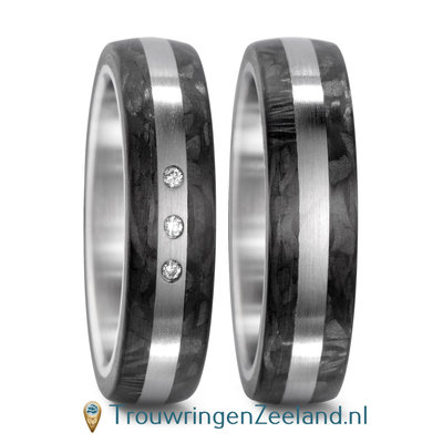 Trouwringen in Carbon met edelstaal en diamant(en) per paar