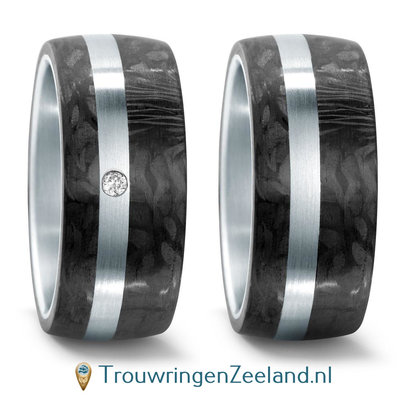 Trouwringen in Carbon met edelstaal en diamant(en) per paar