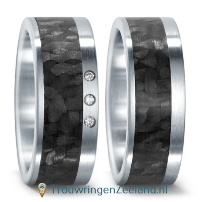 Trouwringen in Carbon met edelstaal en diamant(en) per paar