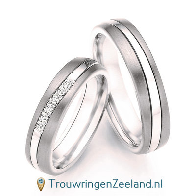 Trouwringen in Titanium en witgoud met diamant(en) per paar