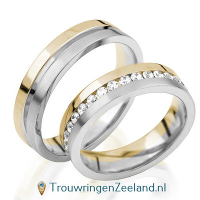 Trouwringen in 9*/14/18 karaat bicolour goud mat en glans met in de damesring 37 diamanten die geklemd als geheel rond de ring geplaatst zijn per paar