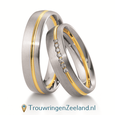 Trouwringen in 8*/14/18 karaat bicolour witgoud met geelgoud met in de damesring 7 diamanten per paar