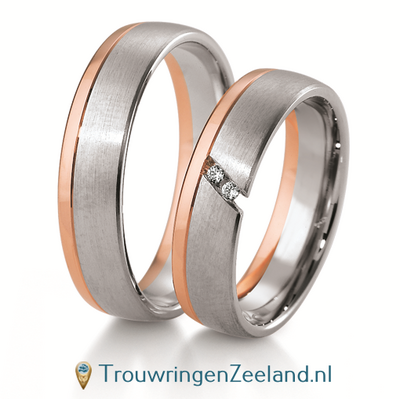 Trouwringen in 8*/14/18 karaat bicolour witgoud met roségoud met in de damesring 2 diamanten per paar