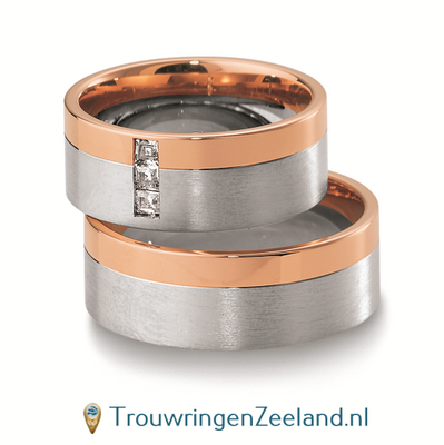 Trouwringen in 8*/14/18 karaat bicolour witgoud met roségoud met in de damesring 3 diamanten per paar