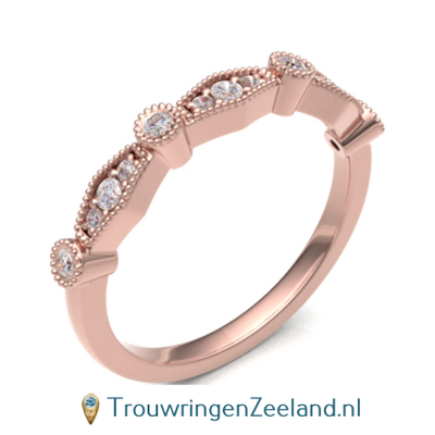 Damesring roségoud 18 karaat in Victoriaanse stijl met milgrain bewerking en 13 diamanten