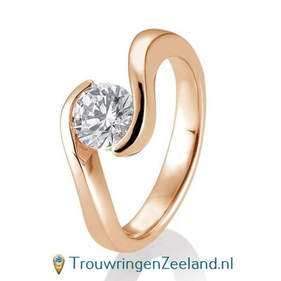 Verlovingsring roségoud golvend met 1,00 ct diamant in 14 of 18 karaat  vanaf
