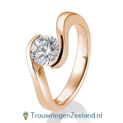 Verlovingsring roségoud golvend met 1,50 ct diamant in 14 of 18 karaat  vanaf