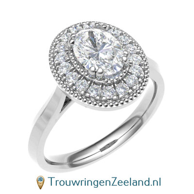 Fianzee verlovingsring topsteen oval geslepen 0,50 ct of 1,00 ct diamant en 18 diamanten rondom in 18 karaat witgoud of platina 950