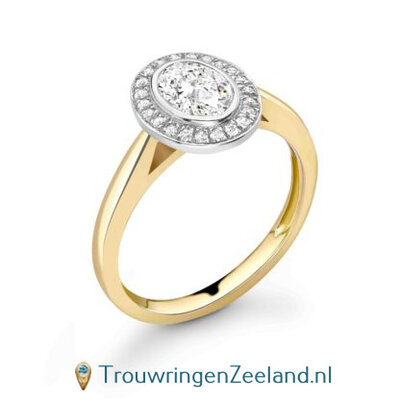 Fianzee verlovingsring topsteen oval geslepen 0,50 ct of 1,00 ct diamant en 20 diamanten rondom in 18 karaat goud of platina 950