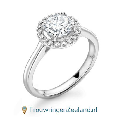 Fianzee verlovingsring topsteen briljant geslepen 0,30 ct of 1,00 ct diamant en 18 diamanten rondom in 18 karaat witgoud of platina 950