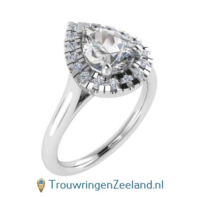 Fianzee verlovingsring topsteen pear geslepen 0,50 ct of 1,00 ct diamant en 18 diamanten rondom in 18 karaat witgoud of platina 950