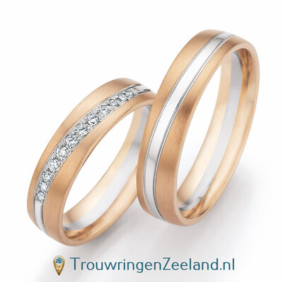 Trouwringen in 14 karaat champagne goud mat en witgoud glans met 12 diamanten per paar