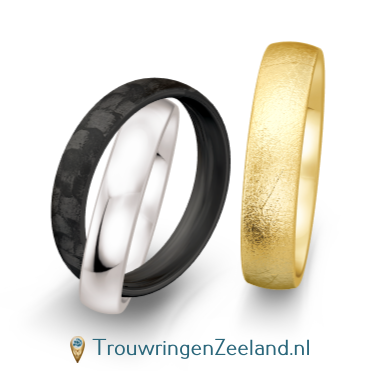 Overslag Trouwringen in 8*/14/18 karaat witgoud glans met zwart carbon zonder diamanten en Herenring geelgoud ijsmat