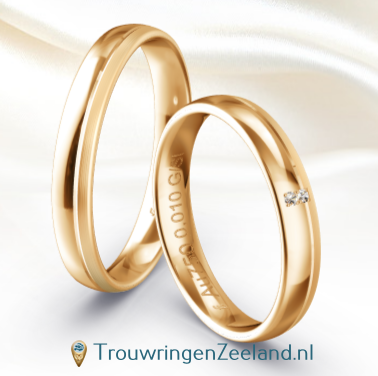 Trouwringen in 9*/14/18 karaat abrikoos goud glans met 2 diamanten naast elkaar gezet