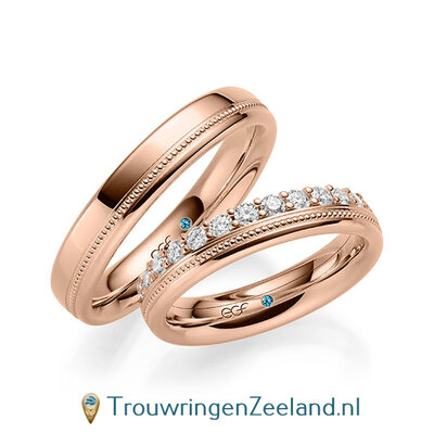 Trouwringen in 14/18 karaat roségoud glans met parelrand en een kroonzetting van 12 diamanten - halve ring -  in de damesring