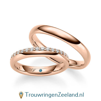 Trouwringen in 14/18 karaat roségoud glans met een kroonzetting van 17 diamanten - halve ring - in de damesring