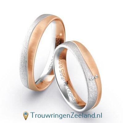 Trouwringen in 9*/14/18 karaat bicolour witgoud ijsmat en rood gepolijst mat met 3 diamanten per paar