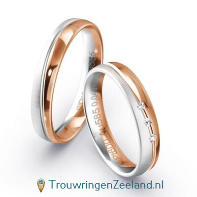 Trouwringen in 9*/14/18 karaat bicolour witgoud mat  en rood gepolijst met 3 diamanten per paar