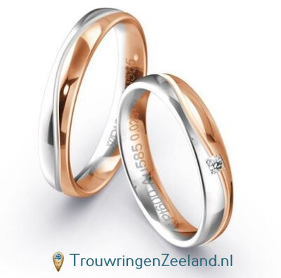 Trouwringen in 9*/14/18 karaat bicolour witgoud glans en roodgoud glans met 3 golven en 1 diamant per paar
