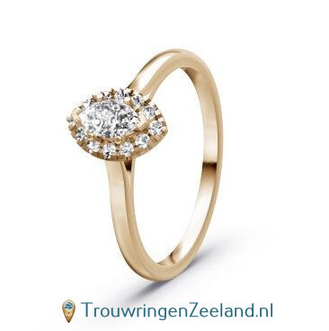 Verlovingsring 14 karaat champagne goud met 13 diamanten in een ovalen zetting