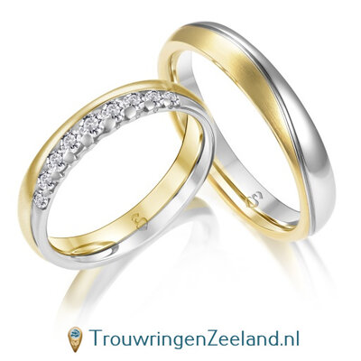Trouwringen in 14 of 18 karaat bicolour witgoud glans gepolijst en geelgoud mat in het midden diagonale groef met in de damesring 9 diamanten aflopend in grootte per paar