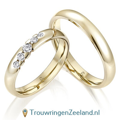 Trouwringen in 14 of 18 karaat geelgoud glans gepolijst met in de damesring 5 diamanten schuin in een twist gezet per paar