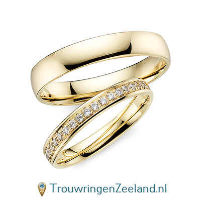 Trouwringen in 8*/14/18 karaat geelgoud glans gepolijst herenring 4 mm. breed en damesring 3,5 mm. breed met 34 diamanten 0,680 ct.