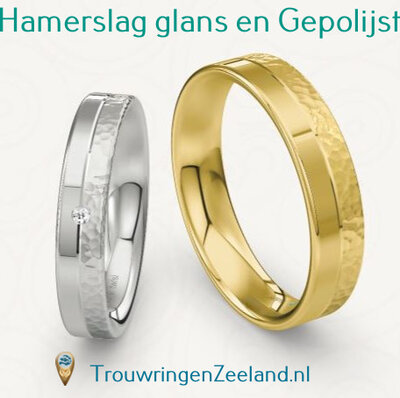 Trouwringen met bewerking hamerslag glans en gepolijst