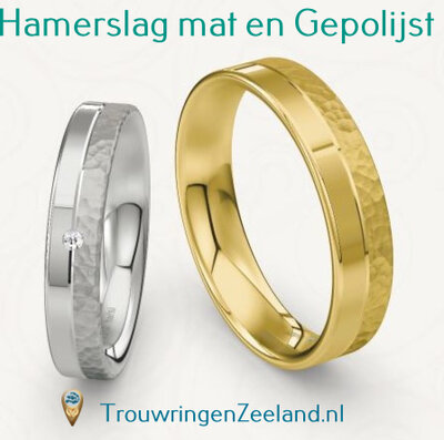 Trouwringen met bewerking hamerslag mat en gepolijst