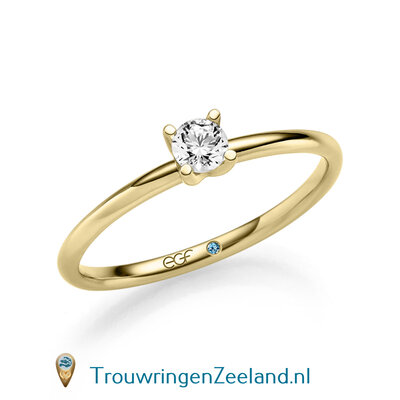 Verlovingsring in 14/18 karaat geelgoud met 1 x 0,20 ct briljant geslepen diamant kwaliteit TW/SI in een 4 puntzetting