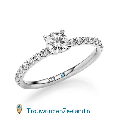 Verlovingsring in 14/18 karaat witgoud met 1 x 0,50 ct briljant  topsteen met 16 x 0,02 ct zijstenen geslepen diamant kwaliteit TW/SI in een 4 puntzetting
