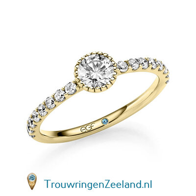 Verlovingsring in 14/18 karaat geelgoud met 1 x 0,50 ct briljant  topsteen met 16 x 0,02 ct zijstenen geslepen diamant kwaliteit TW/SI in een ronde parel zetting