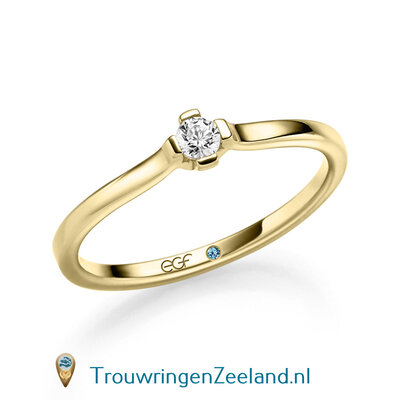 Verlovingsring in 14 of 18 karaat geelgoud met 1 x 0,10 ct diamant met robuuste 4 klemzetting