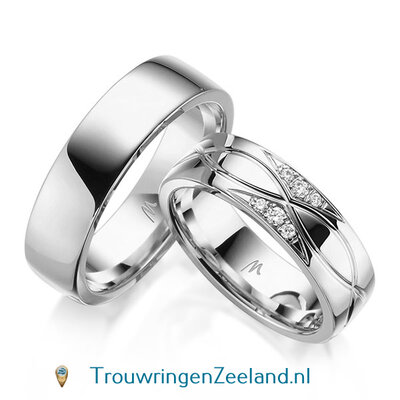 Trouwringen in 8, 14 of 18 karaat witgoud glans gepolijst met infinity golven 6,0 mm. breedte en in de damesring 6 diamanten in 2 sets van 3 spiegelend gezet per paar