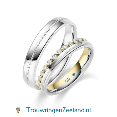 Trouwringen in 14 of 18 karaat witgoud en geelgoud glans gepolijst met parelrand met in de damesring 14 diamanten in als een kroon gezet per paar